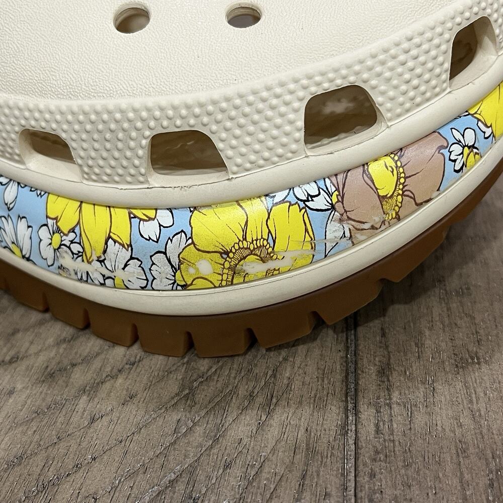 Crocs Mega Crush Retro Floral Clogs Womens W6 Vanilla Yellow Blue Platform Shoes - Picture 13 of 14